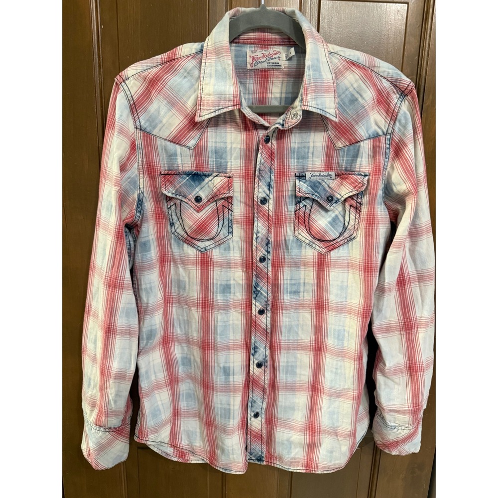 True Religion Mens Red White Blue Plaid Western Snap Shirt Small